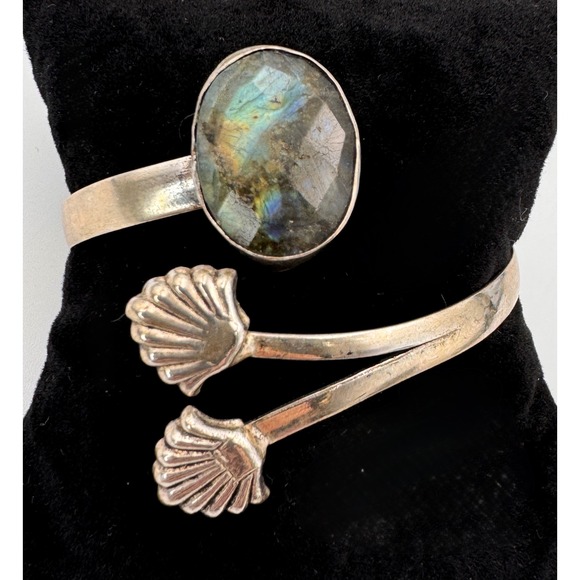 Jewelry - Silver Tone Faceted Labradorite Sea Shell Wrap Bangle Adjustable Boho Bracelet